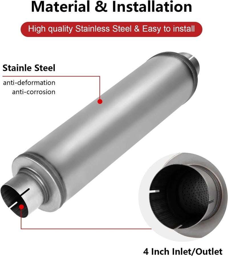 TECTRUC 4" Inlet Diesel Exhaust Muffler,4 Inch Inlet/Outlet Muffler Performance Straight Through Stainless Steel 30" Whole Length,Welded On Exhaust Tip - Image 3